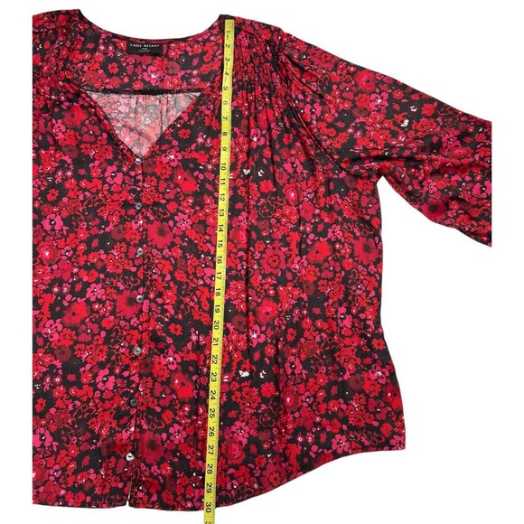 Lane Bryant Floral Top Blouse Button Front Long Sleeves V Neck Red 26/28 New - Picture 7 of 10